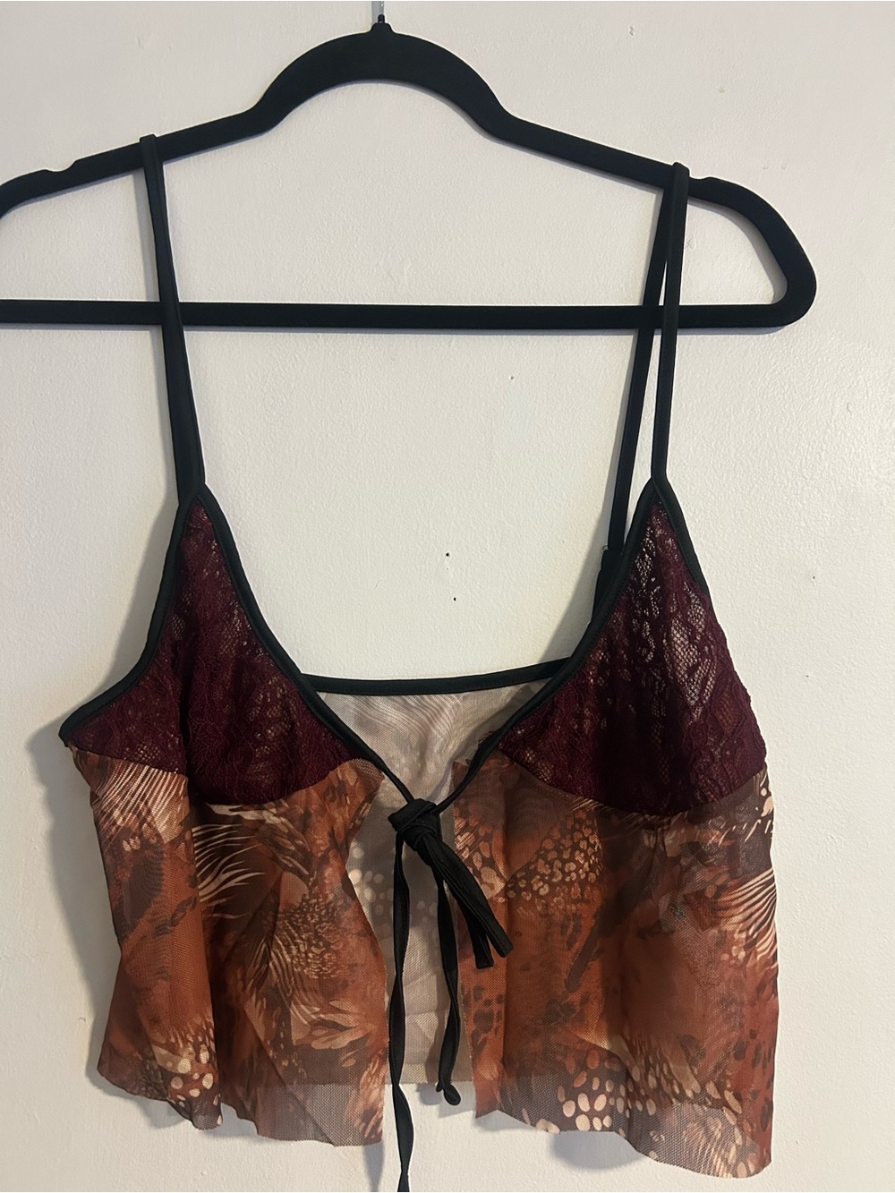 Sheer Animal Print Tie-Front Cami with Burgundy Lace